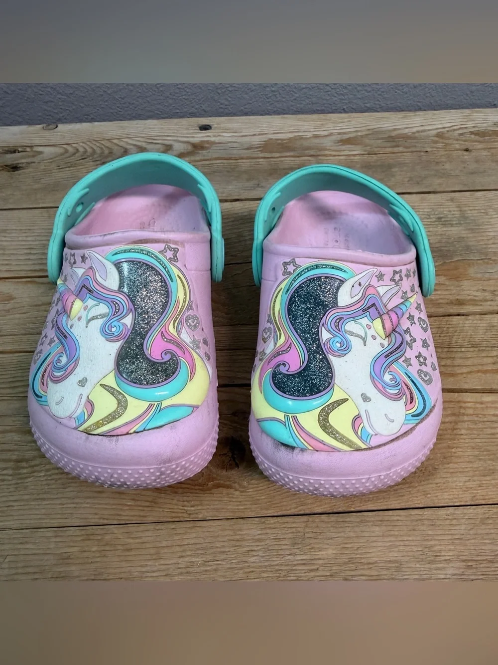 CROCS Kids Unicorn Clogs - Pink with Mint Strap